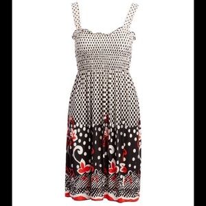 Black & white red shirred top a-line dress